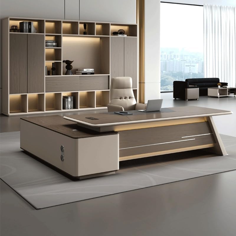 Modern Lacquer Office Executives Desk for Managers Boss CEO Luxury Minimalist Large Business Furniture L Shaped Computer Desks with Storage Cabinet(240cm)