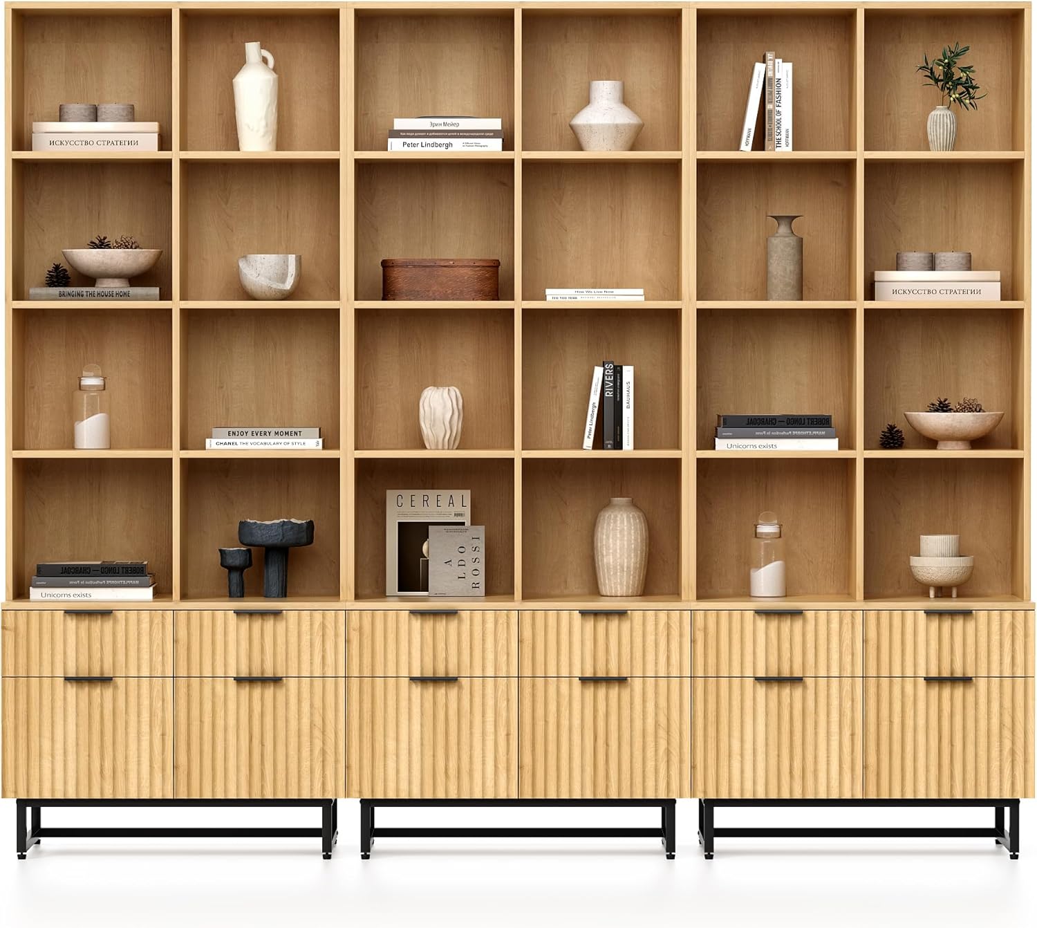 EYYTHUNG Fluted Tall Bookcase with Drawers Set of 3, 71