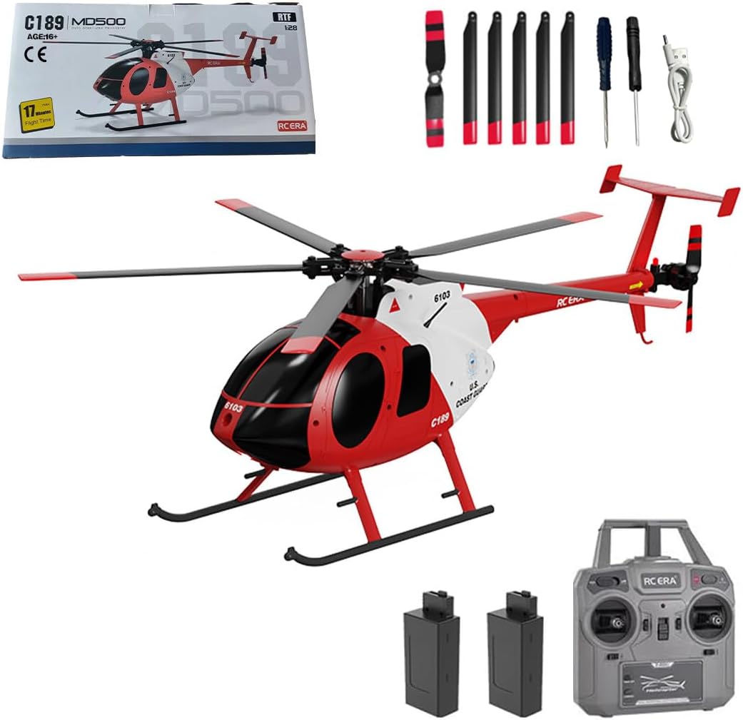 RC ERA C189 RC Helicopter with 6-Axis Gyro, 1:28 Scale MD500 4CH Single-Rotor Flybarless Helicopter, 2.4GHz RC Aircraft with Optical Flow & Altitude Hold for Adults