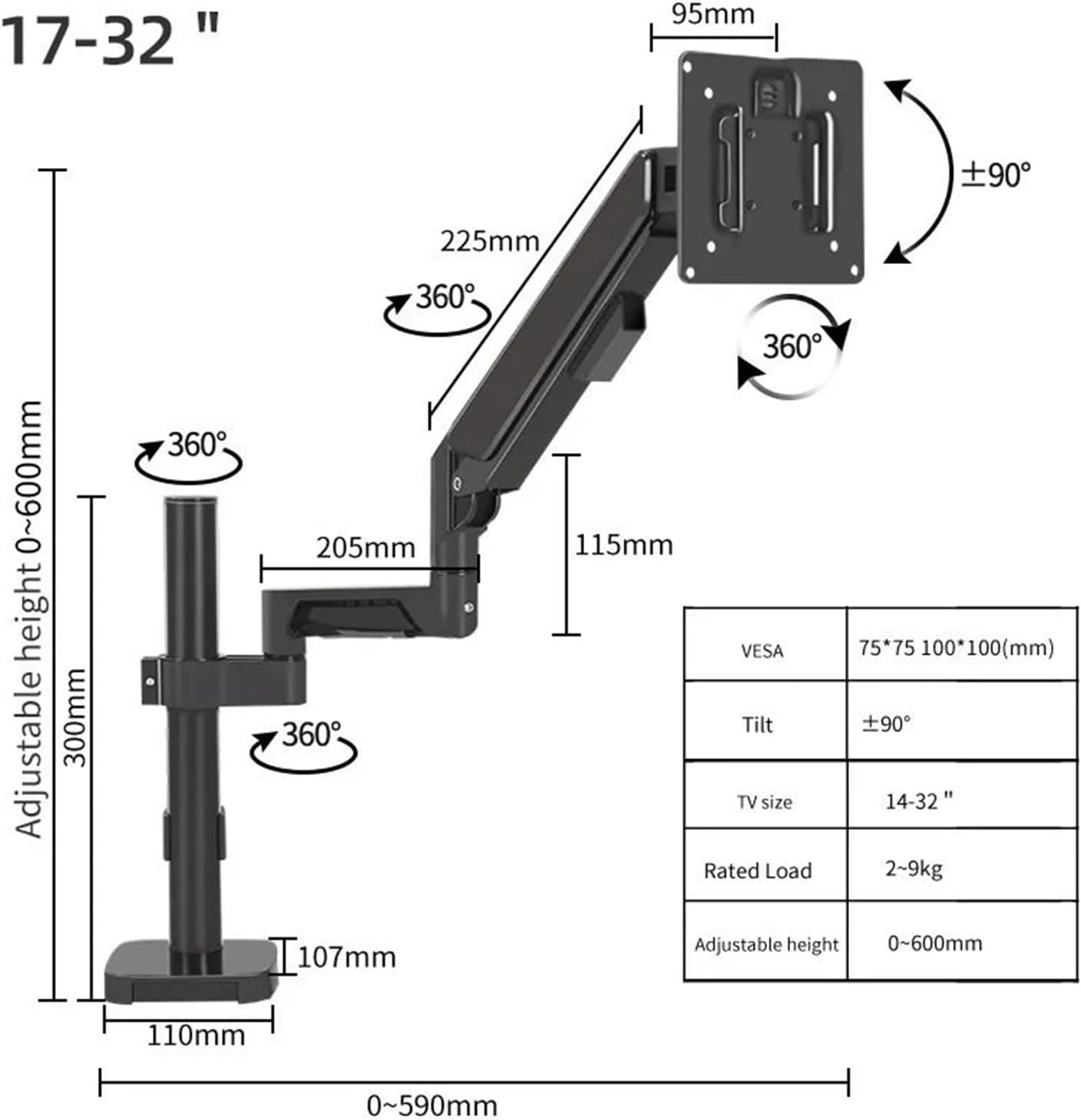 Gas Spring Height Adjustable 14-32 Inch Screen Stand Monitor Stand Arm Full Motion Desktop Mount Computer Stand H3(H3B)