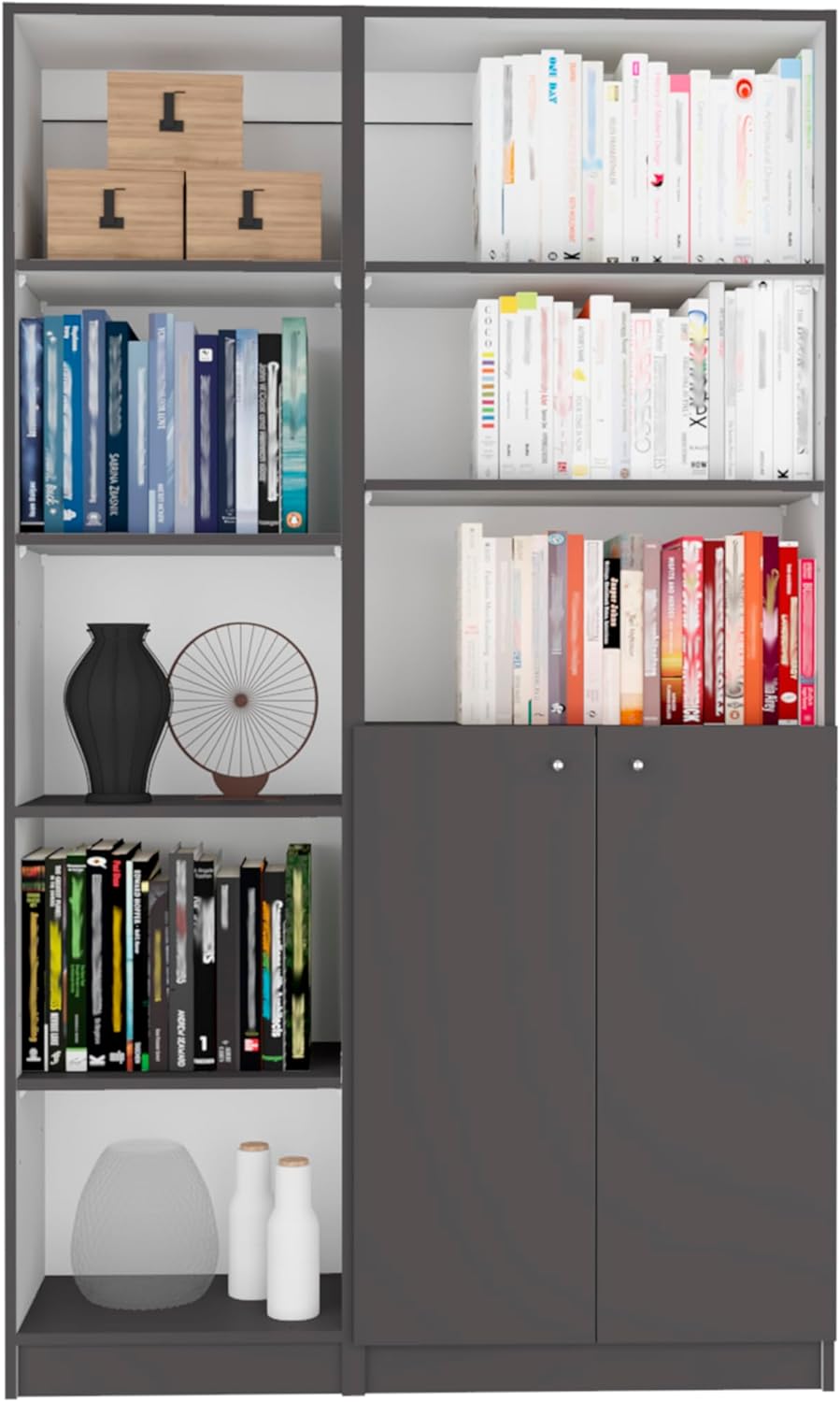 XUOXFUTZIG Modern 2-Piece Bookcase Set with 8 Shelves, Double Door Storage Cabinet in Matte Gray-White, Space Saving Bookshelves for Apartments & Home Office