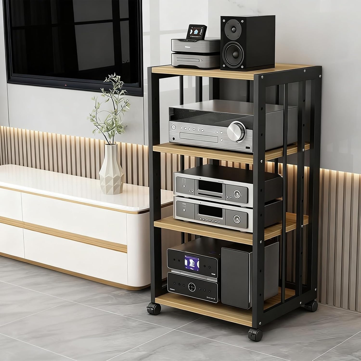 Multi-Functional AV Audio Stereo Cabinet with Wheels Open Wooden WiFi Router Placement Cabinet with Adjustable Shelves AV Audio Rack Perfect for DVD Players Game