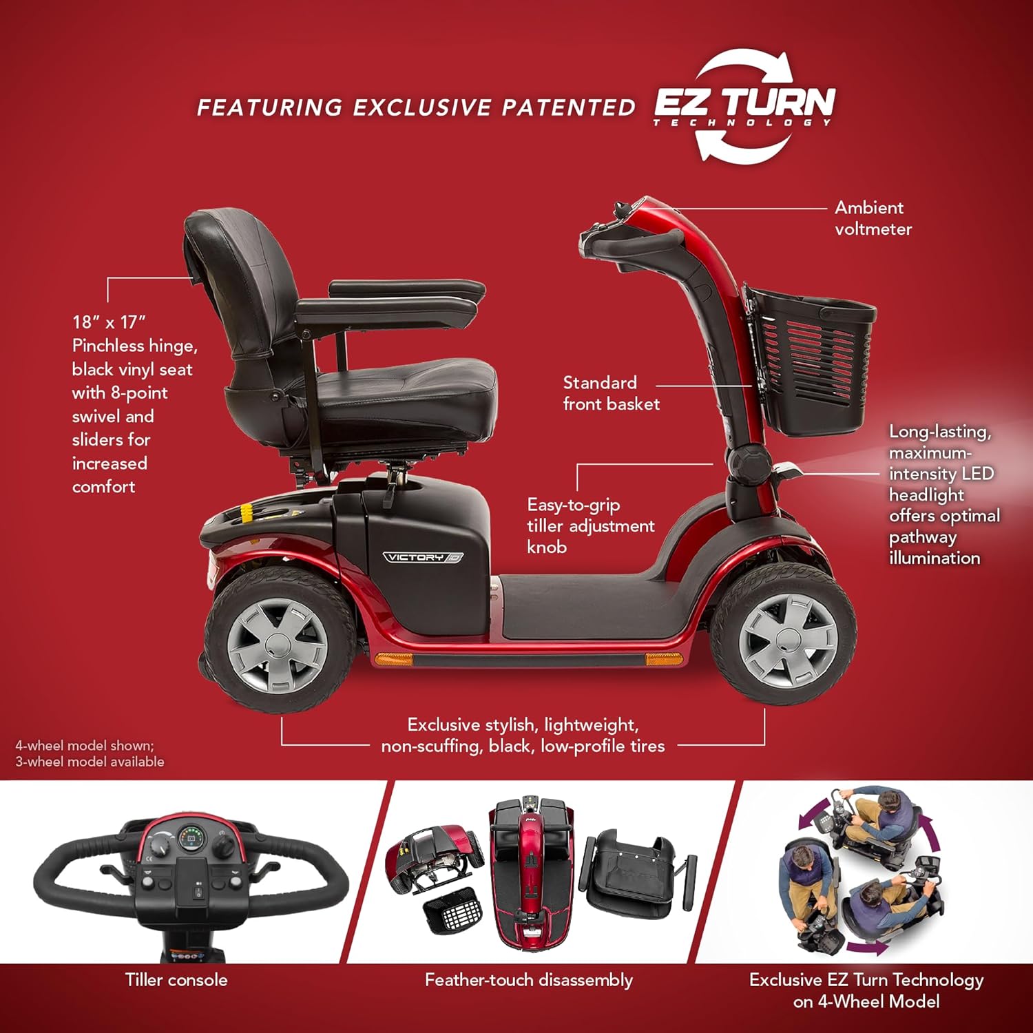 Pride Mobility Victory 10 4 Wheel SC710 w/U-1 Batteries Mobility Scooter, Outdoor 4-Wheel Travel Electric Mobility Scooter for Adults, 400 lbs. WC, Up to 5.3 MPH, 15.5 Miles Range Per Charge