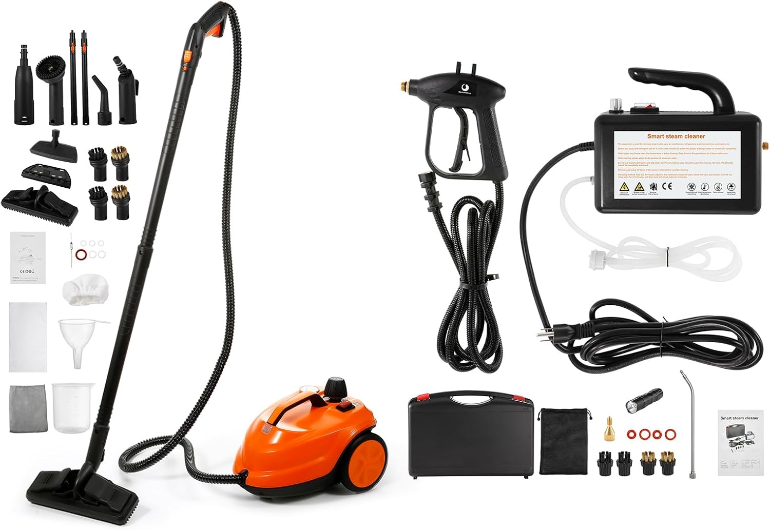 BEAMNOVA Orange Steam Cleaner Electric Household Steamer with Roller + Black High Pressure Handheld Steam Cleaner for Auto Detailing