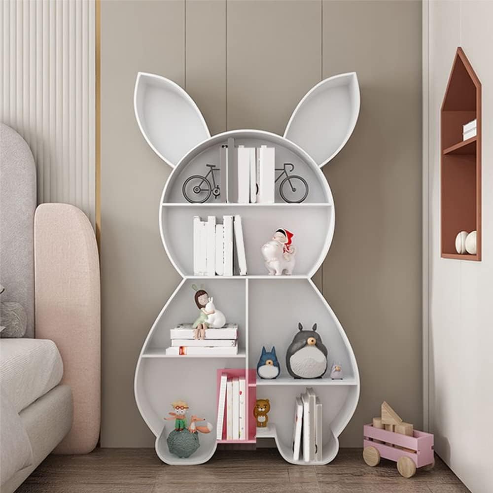 LITFAD Metal Modern Style Bookshelf Geometric Bookcase with Closed Back and 5 Shelves,Rabbit Shape Storage Bookshelves for Kids Bedroom and Library,White,35.5