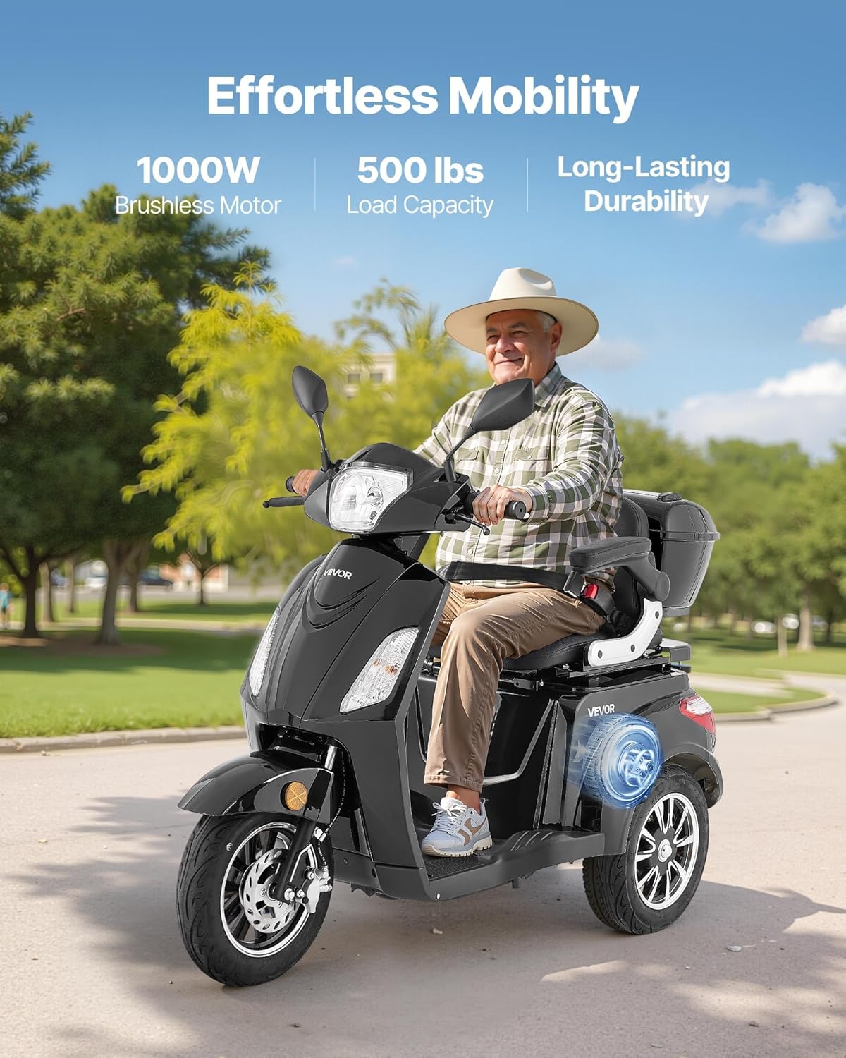 VEVOR Heavy Duty 3-Wheel Mobility Scooters for Seniors & Adults, 500lbs Capacity, 21.5 Miles 3-Speed Long Range, 1000W All Terrain Electric Recreational Scooter Wheelchair, 20° Max Climbing Capacity