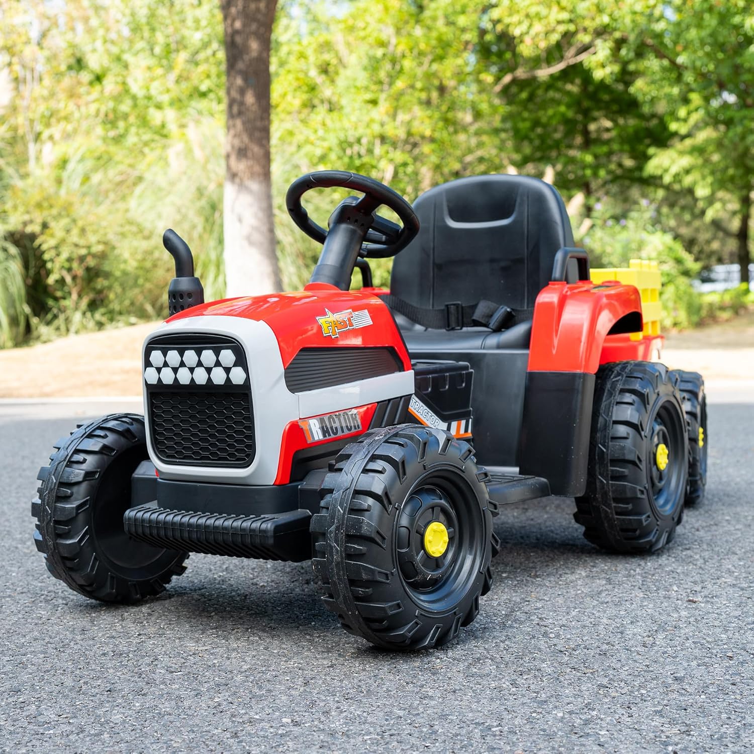 24V Kids Electric Tractor Car with Detachable Trailer, 400W Motor, 6 Wheels, Parent Remote, Soft Start, MP3 USB Player, Outdoor Ride On Toy for Toddlers, Red