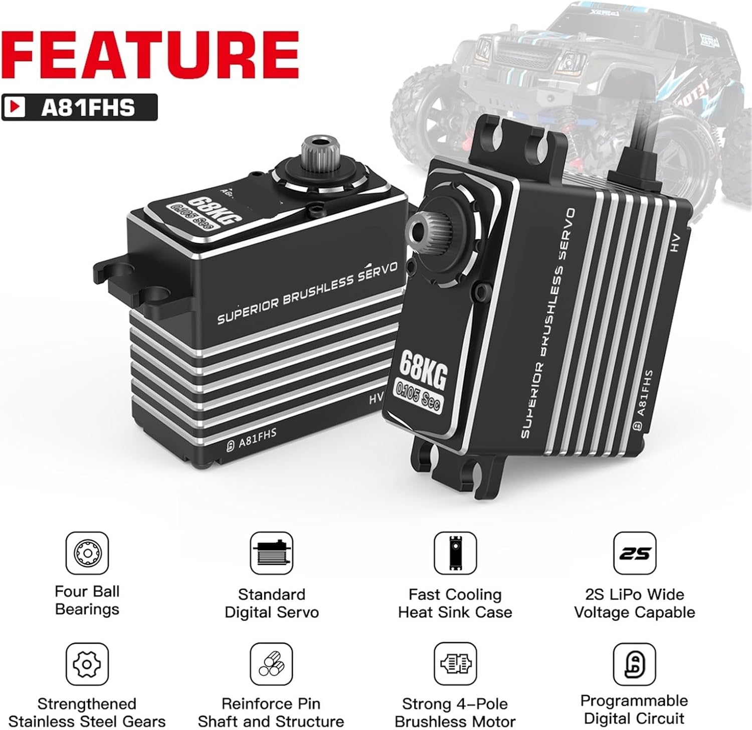 Programmable Servo A81FHS 68KG Monster Torque Digital Brushless RC Servo 1Pcs(A81FHS 68kg)