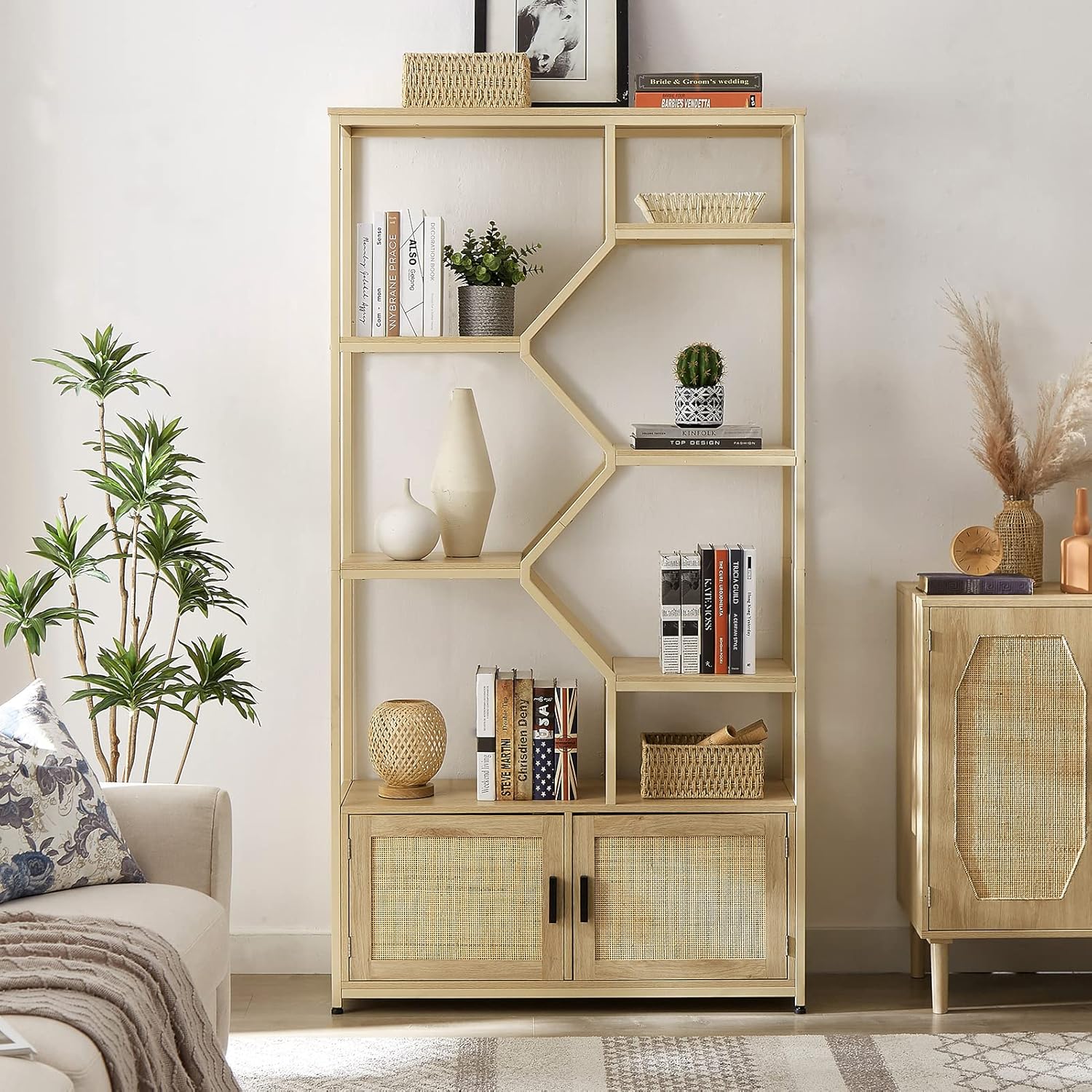 Rattan Bookshelf and Bookcase, 7 Tier Bookshelf with Cabinet Freestanding Etagere Standard Book Shelves Display Shelf for Living Room, Bedroom, Office（Natural，39.4’’w x 13.8’’d x 75.6’’h）