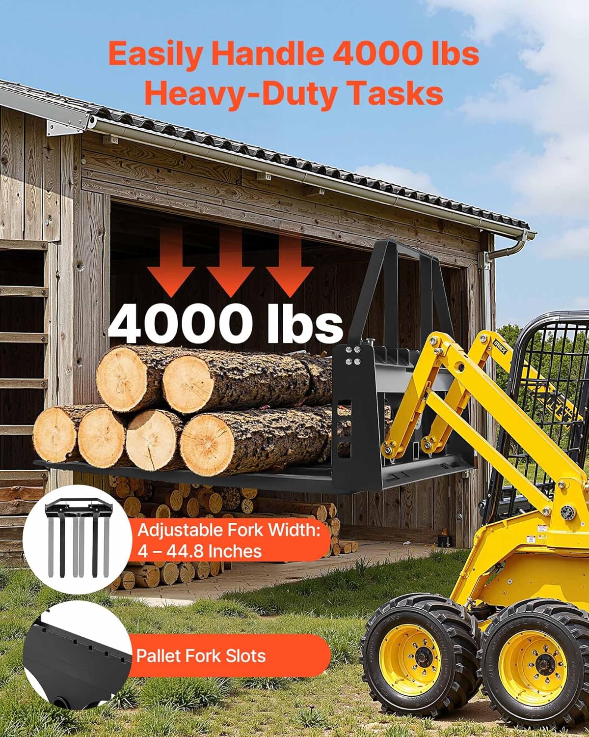 VEVOR Skid Steer Pallet Forks, 4000 lbs Rated Capacity, Pallet Fork Frame Attachment with 48-inch Pallet Forks Forklift Blades, 2-inch Hitch Receiver & Spear Sleeves, Fit for Skid Steers, Tractors