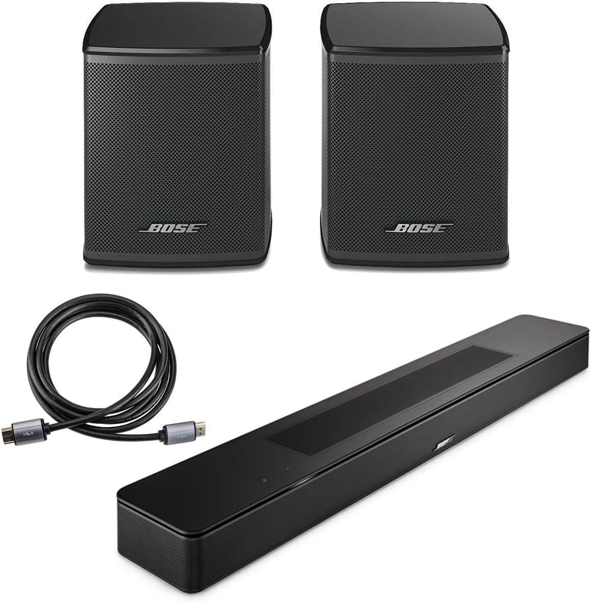 Bose Smart Soundbar, Black, Bundle with 2x Wireless Surround Speakers, 6' HDMI 2.0 Cable
