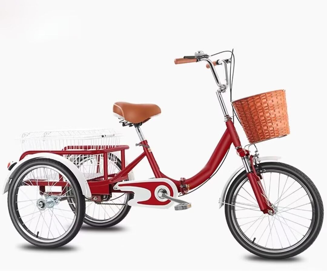Folding Elderly Tricycle with Shopping Basket,Adult Rickshaw Pedal Tricycle,Leisure Vehicle,20inch Cargo Trike with Rear Steel Basket,Shock Absorber Front Fork (Red 20 in)