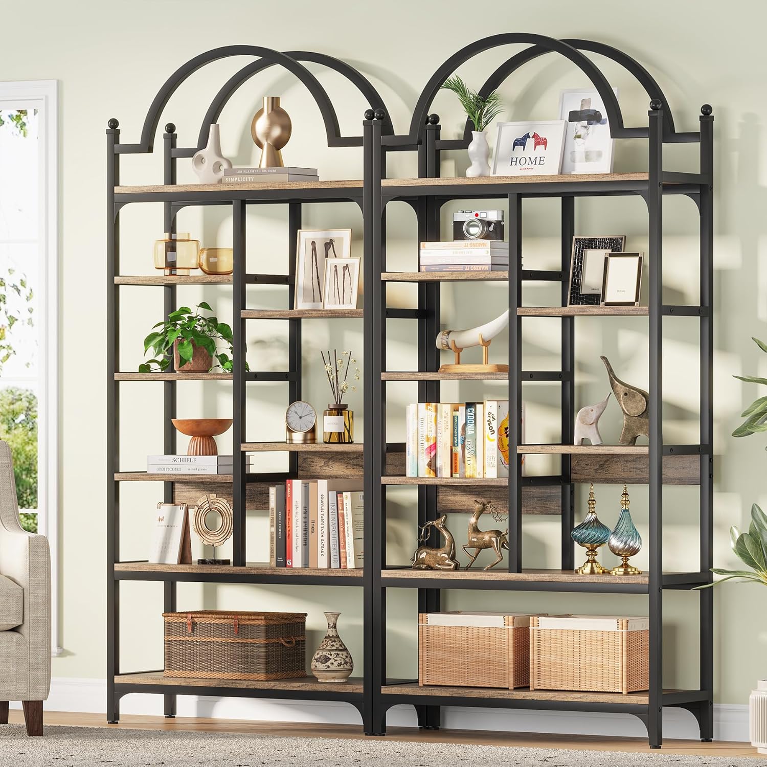 Condemo 71 inch Tall Bookshelf Set of 2, 8-Tier Industrial Arched Etagere Bookcase, Open Display Storage Shelf for Living Room, Bedroom, Home Office, Rustic Brown