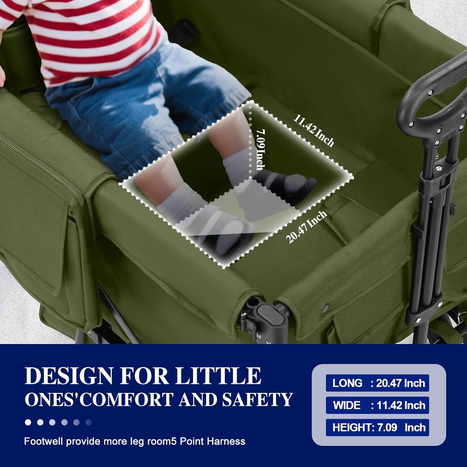 Stroller Wagon for 4 Kids, Foldable Wagon with Footwell, Lightweight, Adjustable Push and Pull Handles, 5-Point Harness, Adjustable Canopy for Outdoor Adventures (Green)