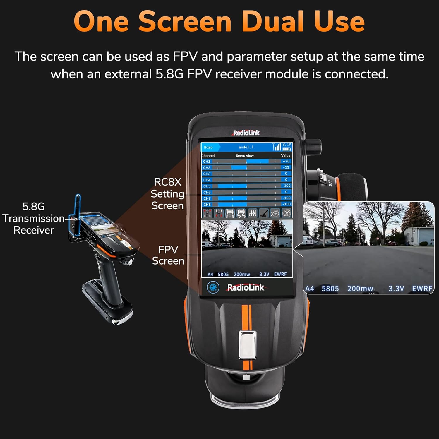 Radiolink RC8X 8CH 2.4G RC Transmitter and R8FG&R4FGM V2.1 Gyro Receivers, 5.8G 48CH Image Transmission Receiver&5.8G OSD Camera, for RC Drifting Crawler Cars Boats