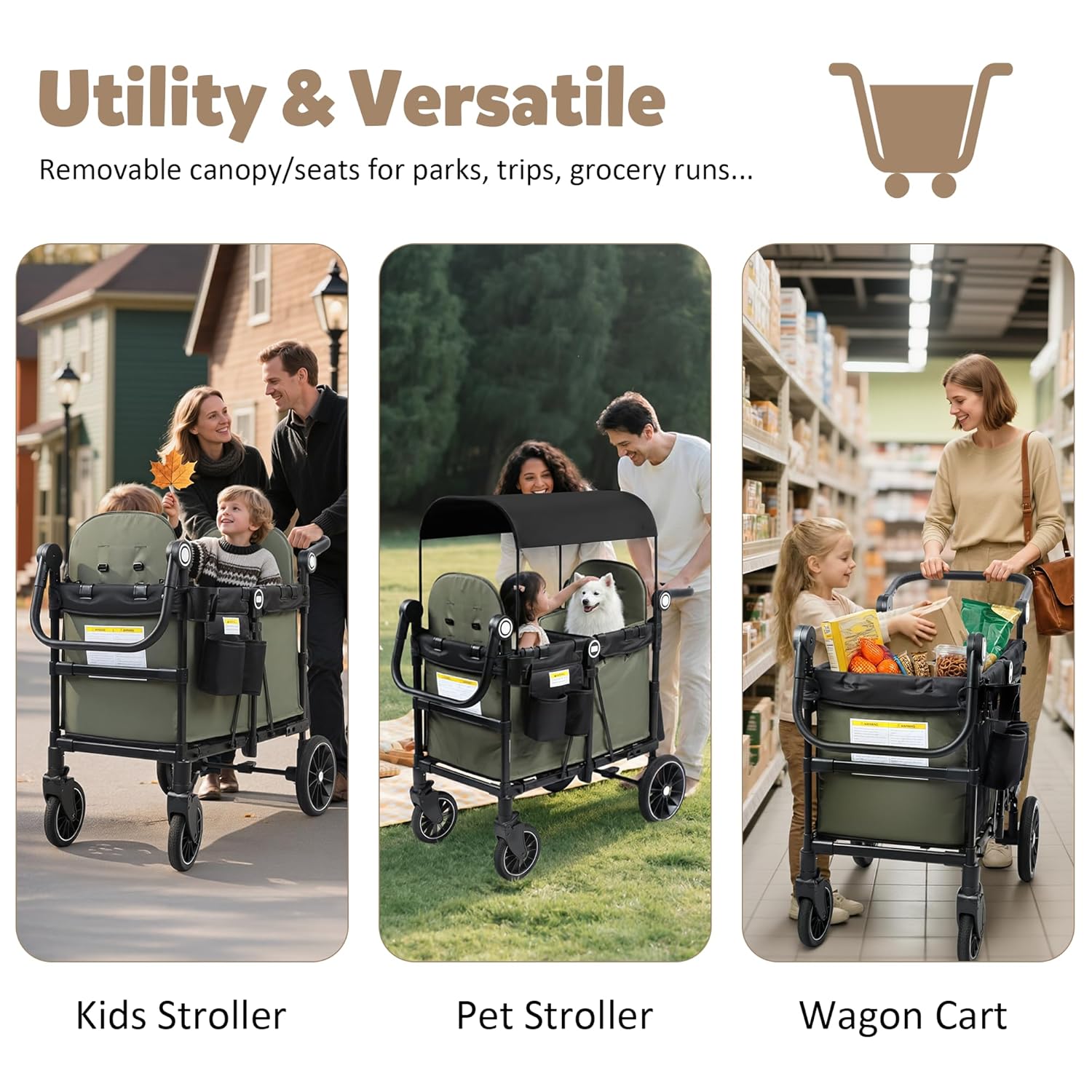 Stroller Wagon for 2 Kids, Foldable Push Wagon for Toddlers Baby with Canopy, Large Storage, 5-Point Harness, Adjustable Handle for Family Outdoor Activities, Black