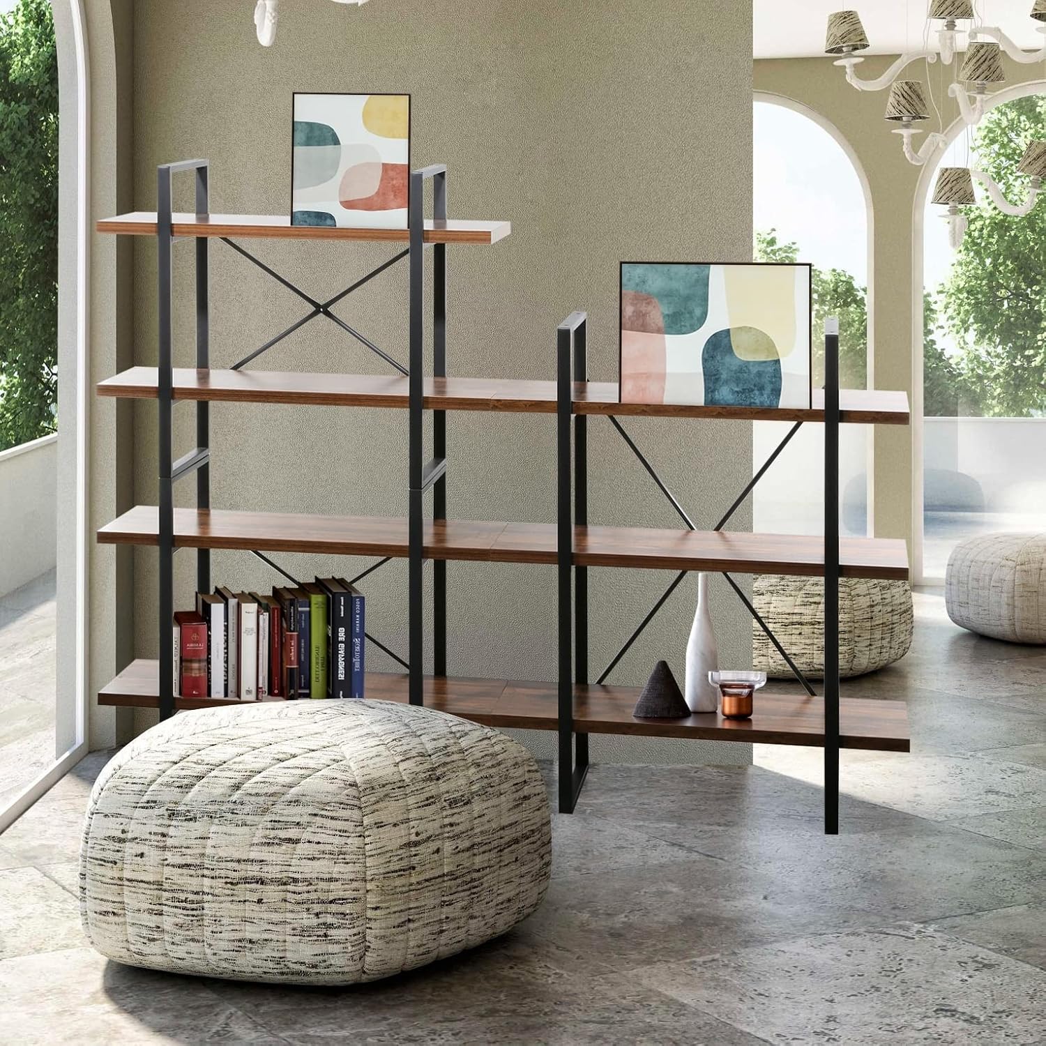 Adjustable Antique Walnut Wood and Metal Display Steel Bookcase Right 70.86 * 57.65 * 11.34 Brown Natural Mid-Century Modern Contemporary MDF