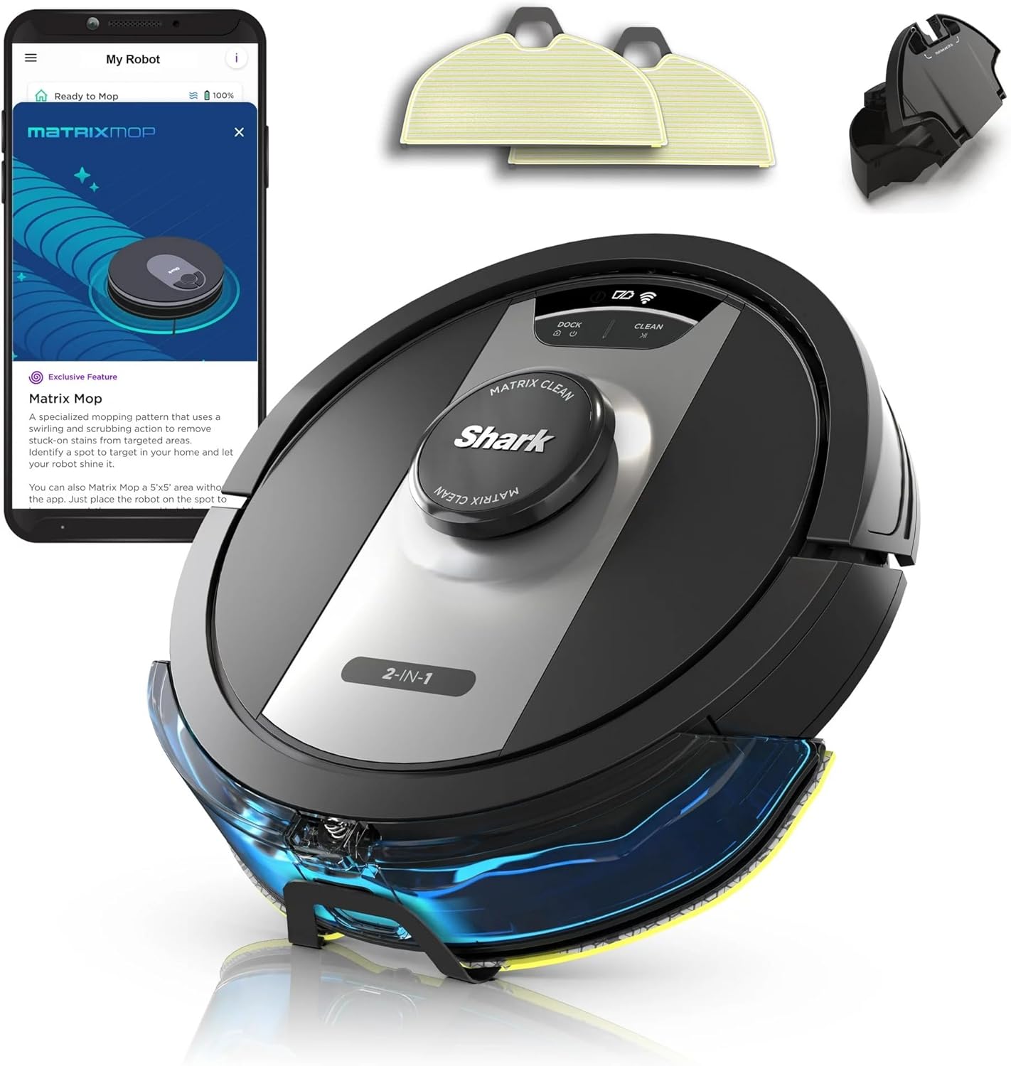 Shark RV2400WD IQ 2-in-1 Robot Vacuum & Mop with Matrix Clean & Sonic Mopping, Perfect for Pet Hair, Carpets, Hard Floors, Compatible with Alexa, Black/Silver, No Self-Empty Base (Renewed)
