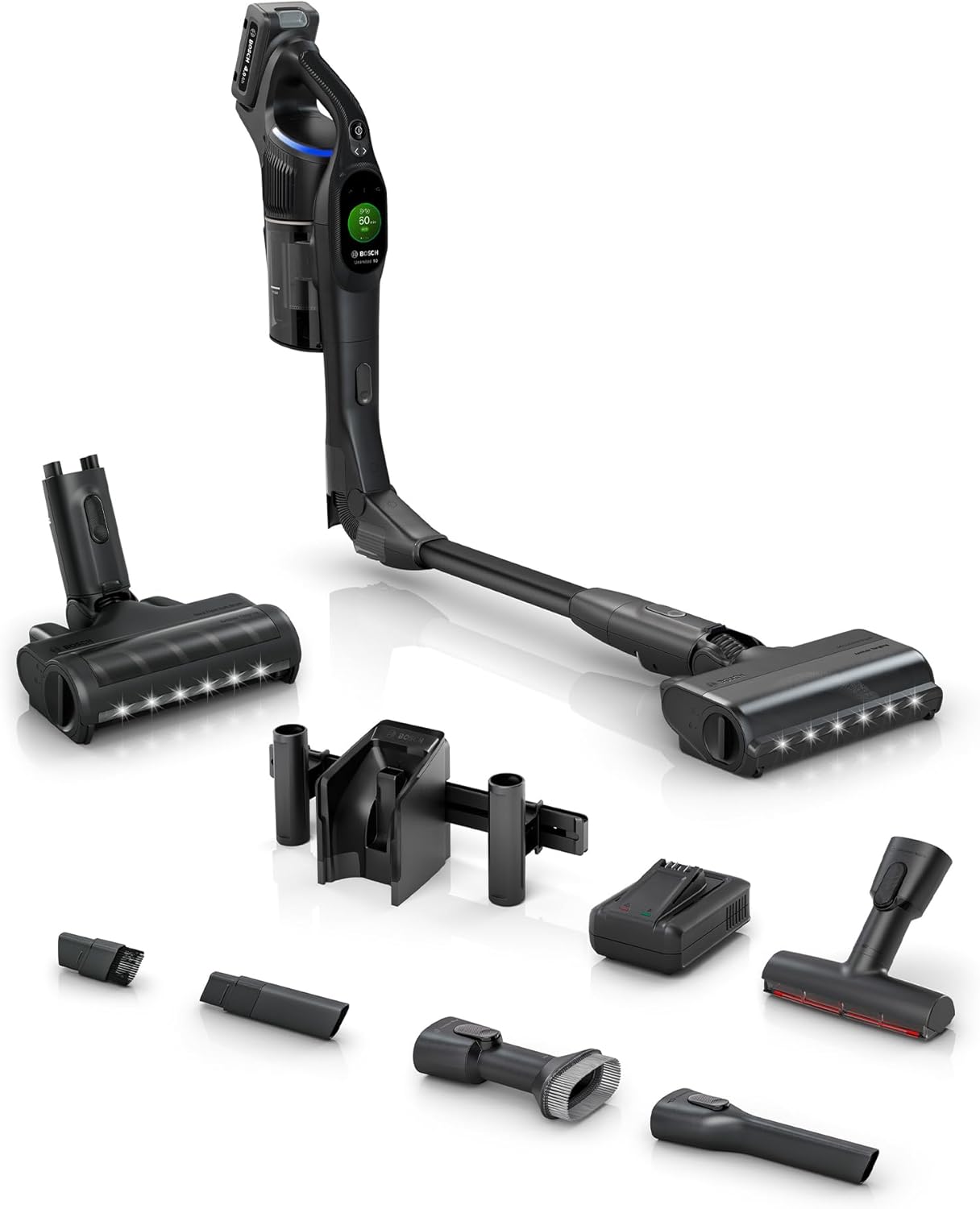 Bosch Unlimited 10 Cordless Stick Vacuum, 80-Min Runtime, 90° Flex Tube, Fast Charger, MicroClean Technology, >99.9% Dust Pick-up, HEPA Filter, Pet Hair, Carpets & Hard Floors, 6 Accessories, Black