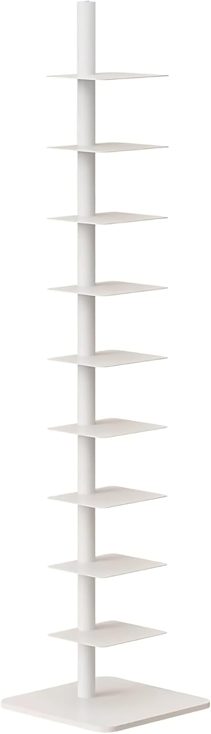 9-Tier Metal Invisible Spine Bookshelf,Height-Adjustable Vertical Bookshelf Tower,Unique Tree Bookcase for Small Spaces,Living Room,Bedroom,Office,Manga Bookshelf,Spinning Bookshelf Tower (White)