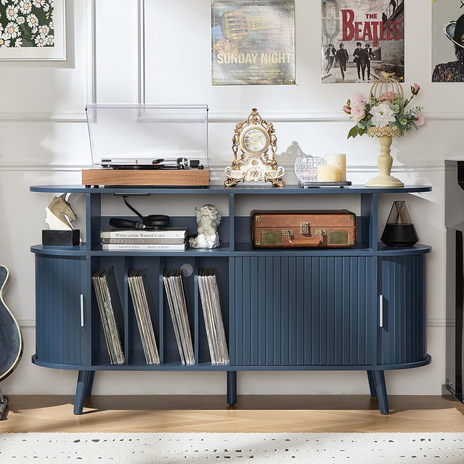 LELELINKY Extra Large Round Record Player Stand with Charging Station & Fluted Panel