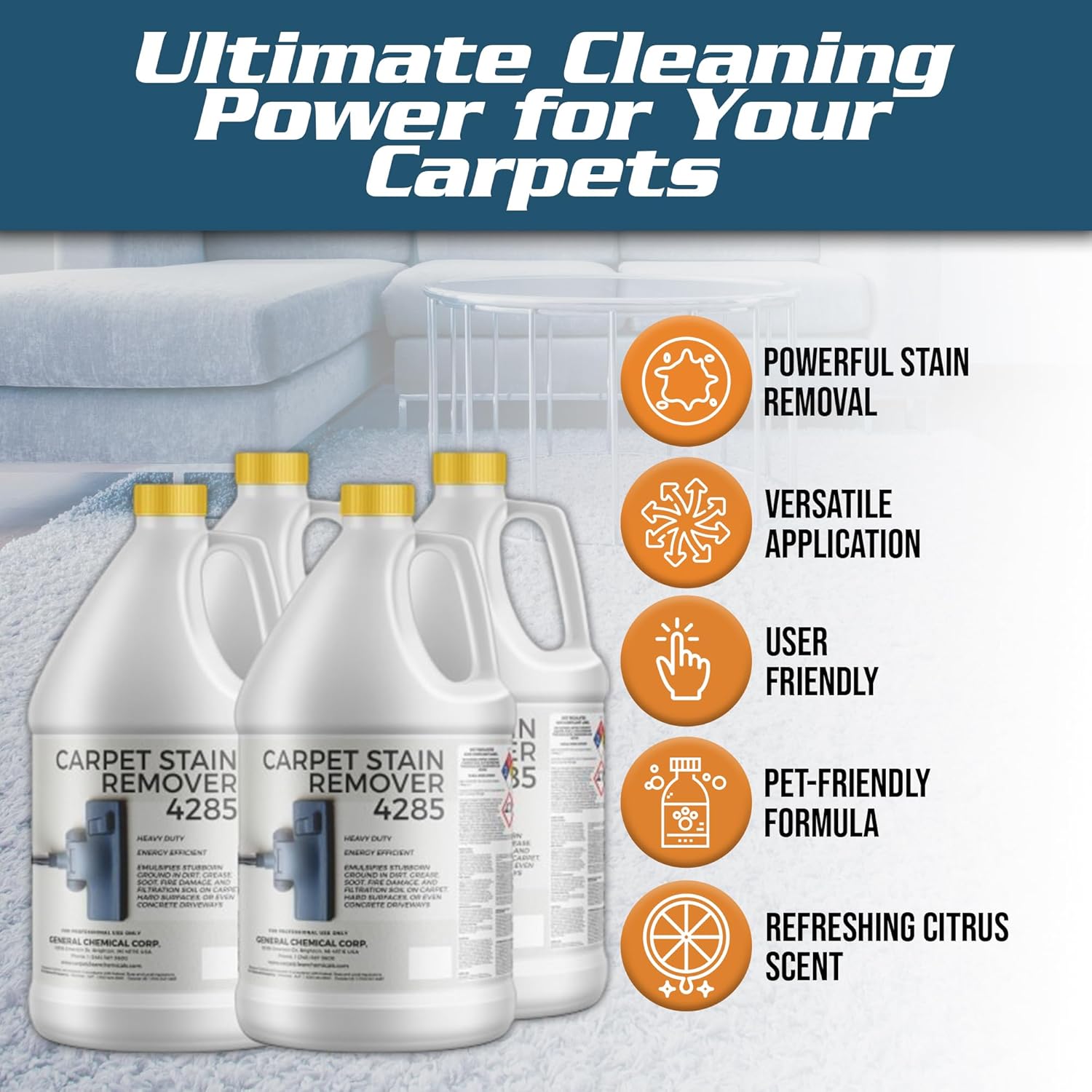 CarpetGeneral - Heavy Duty Carpet Stain Remover 4285 - Easy Clean & Professional Carpet Cleaner Products - Residential & Commercial Multi-Purpose Stain Pretreater & Precleaner -(Case of 4) 1 Gal Jugs