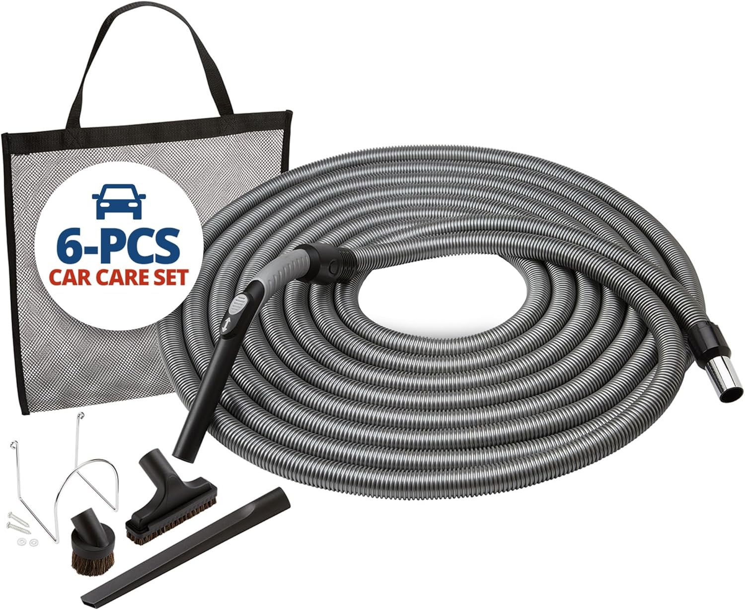 Central Vacuum System Car Care Attachment Set for Interior Car Cleaning. Includes 50FT Crushproof Hose, Natural Hair Dusting Brush, Long Crevice Tool, Mesh Storage Bag and More