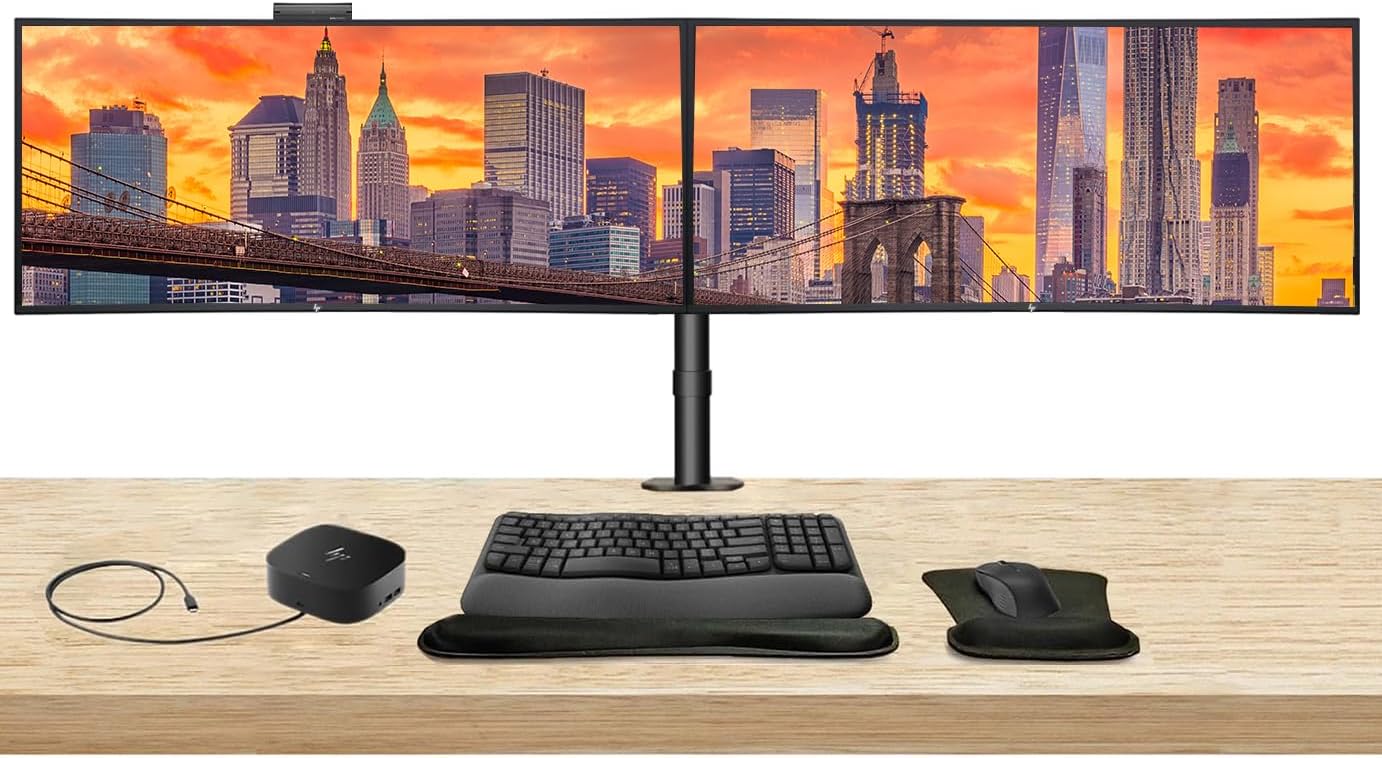 HP Series 7 Pro 27-inch 727pm & 727pk 4K UHD 2160P Conferencing Monitors, 2 Pack Bundle with Desk Mount Stand, USB-C Multiport G5 Dock, MK650 Wireless Keyboard & Mouse, Gel Mouse & Wrist Pad