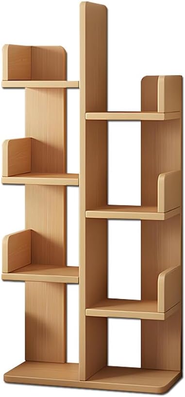 Pine Wood Bookshelf, 7-Tier Tall Narrow Freestanding Bookcase with Back Panel & Guardrails, Unique Storage Organizer Shelf for Living Room Bedroom Home Office(Oak)