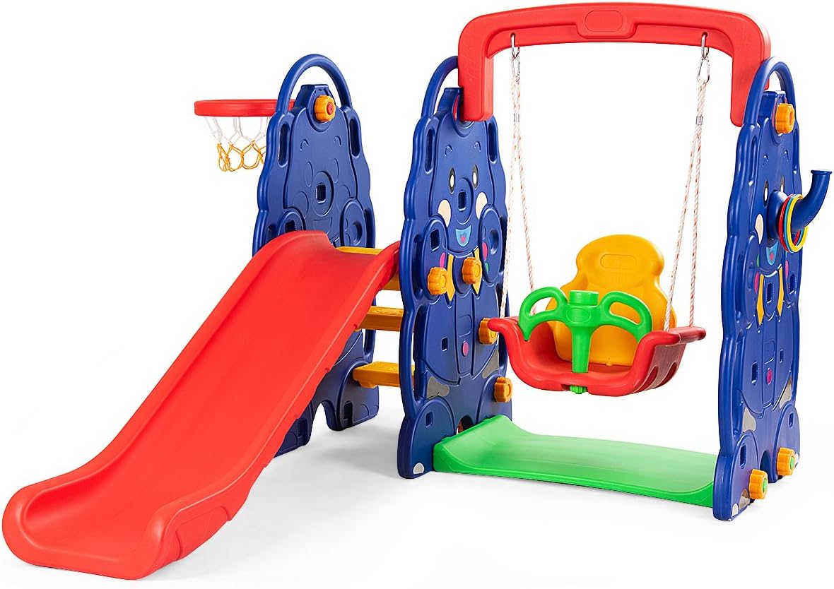 Costzon Toddler Long Slide Set, 4-in-1 Large Climber Playset w/Basketball Hoop, Toss, Thickened Panel, Playground Swing for Indoor Outdoor Backyard 3-10 Gifts Presents