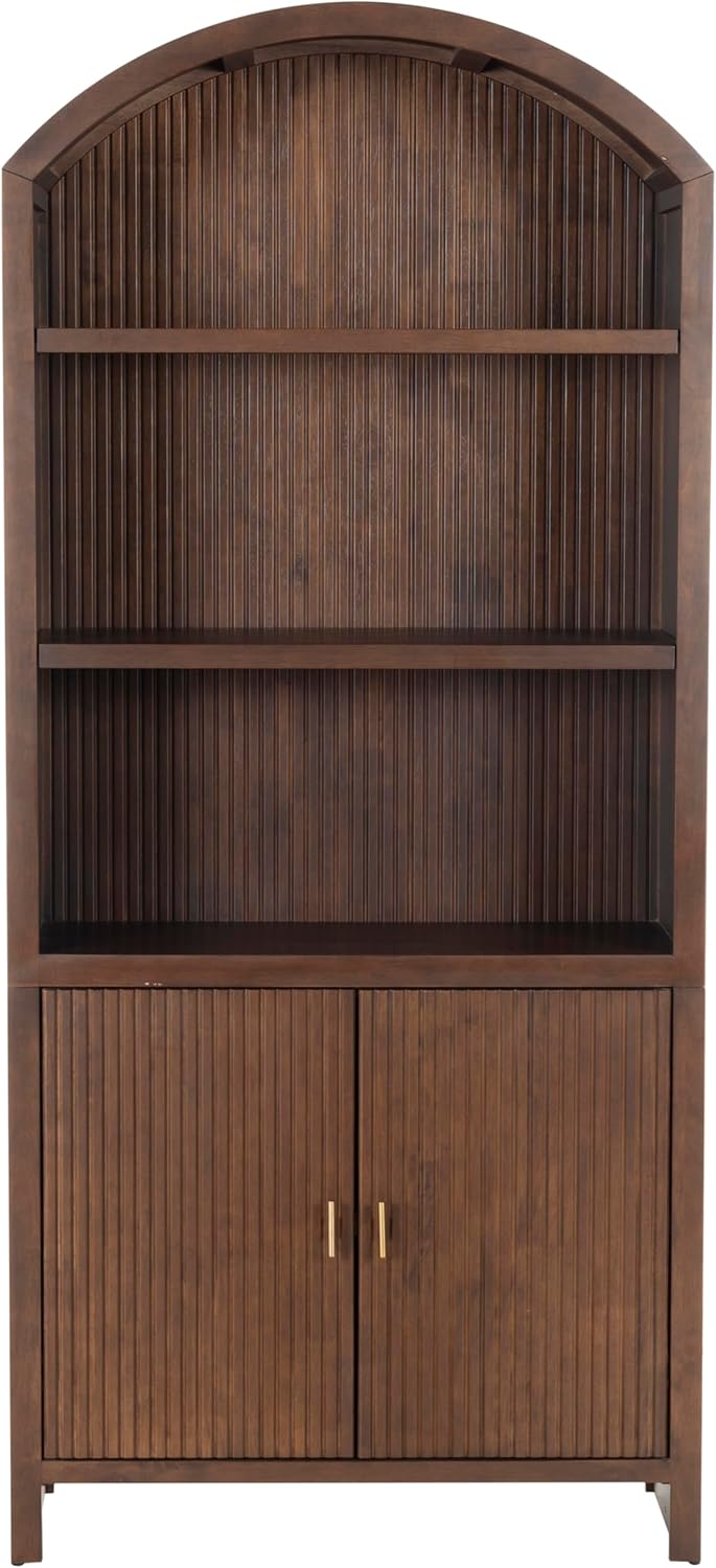 SAFAVIEH Couture Collection - Elladora Walnut Wood 3-Shelf Bookcase with Ribbed Front Cabinet & Brass Accents, Modern Oak Veneer Display (SFV4240A)