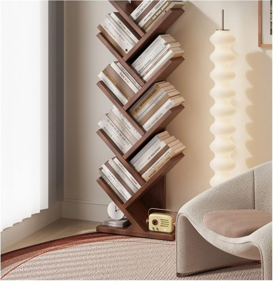 Bookshelf Solid Wood Corner Storage Bookcase, Tree-Shaped Simple Picture Book Creative Shelf MINGPING (Size : Walnut Color 7layer 44x20x107cm)