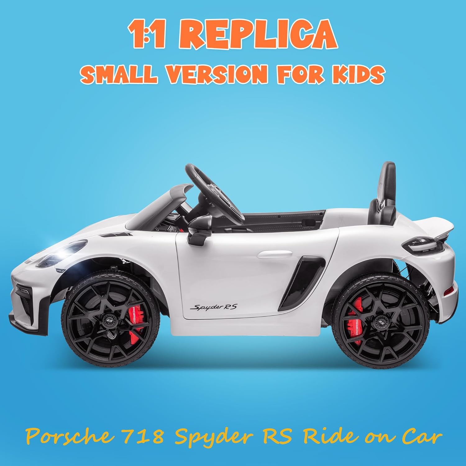 ENYOPRO Licensed Porsche 718 Spyder RS Ride-On Electric Car for Kids with Remote Control, 12v Ride On Toys for Toddlers, Electric Power Vehicle w/Trailer Wheels, Bluetooth/USB/AUX, LED Lights, White