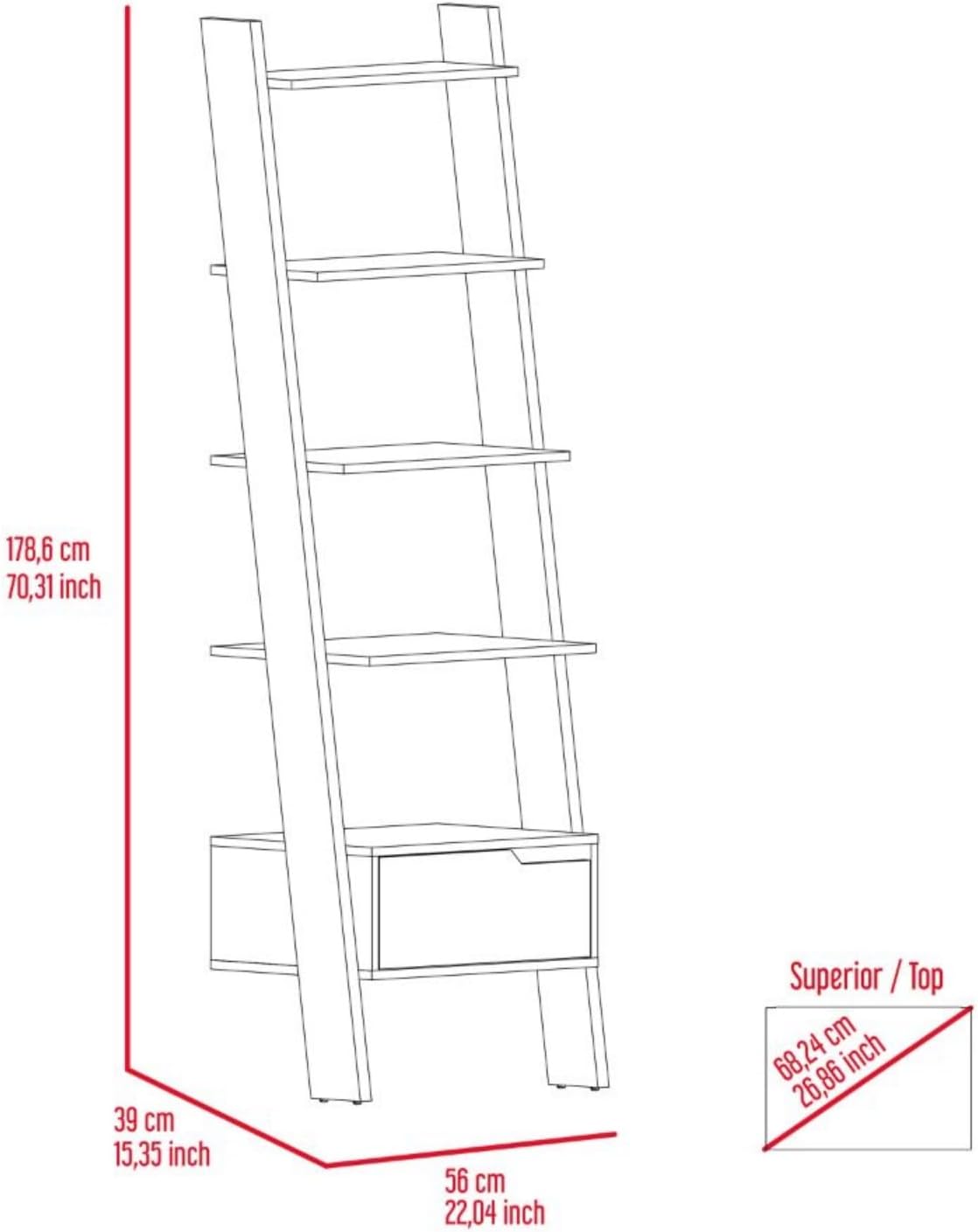 KCSWKJ Oslo Ladder Bookcase, Four Legs, One Drawer, Five Open Shelves -Dark Walnut