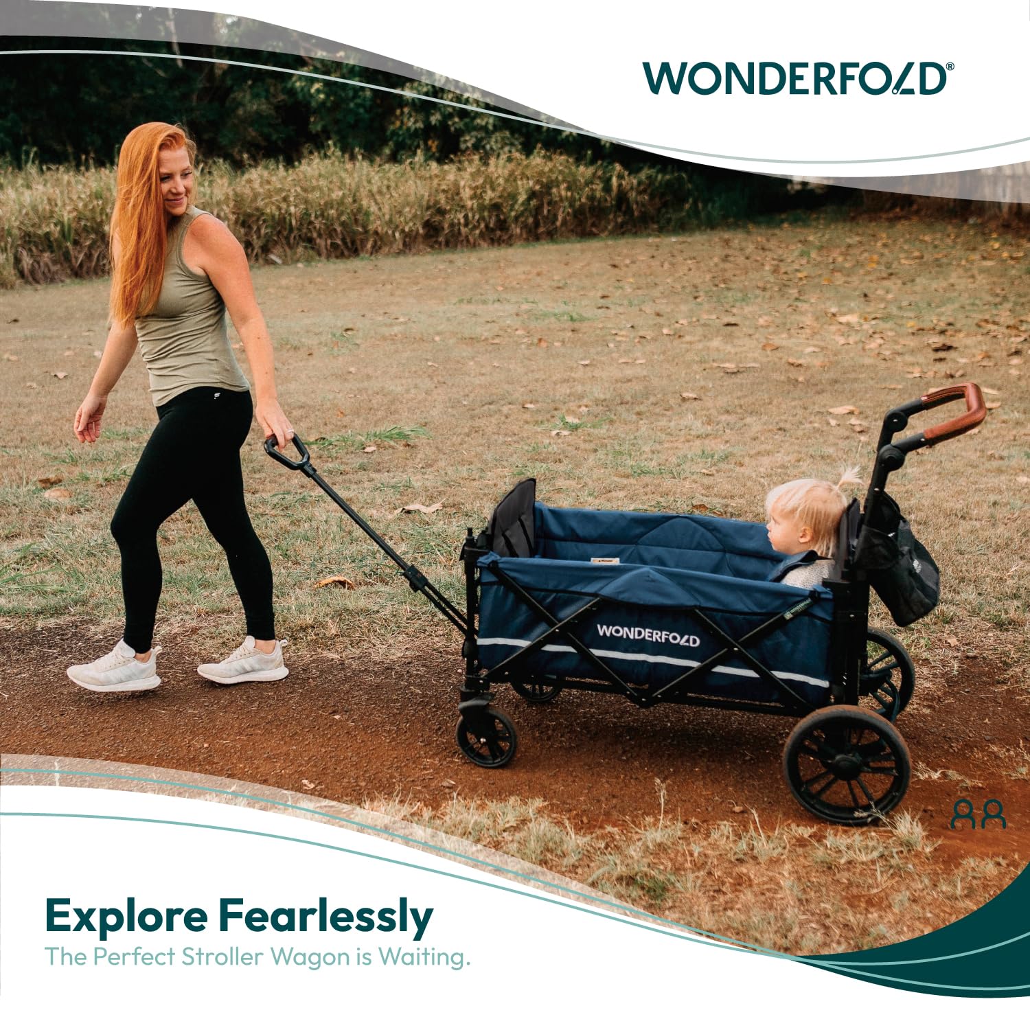 WONDERFOLD X2 Push & Pull Stroller Wagon (2 Seater) - Collapsible Wagon Stroller with 5-Point Seatbelt Harnesses, Push & Pull Handles & Removable Sun Canopy, Pitch Black
