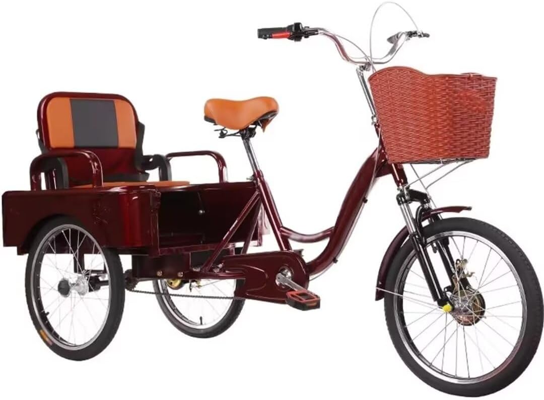 Elderly Pedal Bicycle Rickshaw Scooter trikes,Passenger and Cargo Dual-use Tricycle,Folding Rear Passenger seat,Tandem Tricycle,Saddle and Handlebar Height Adjustable (Wine red Upgrade)