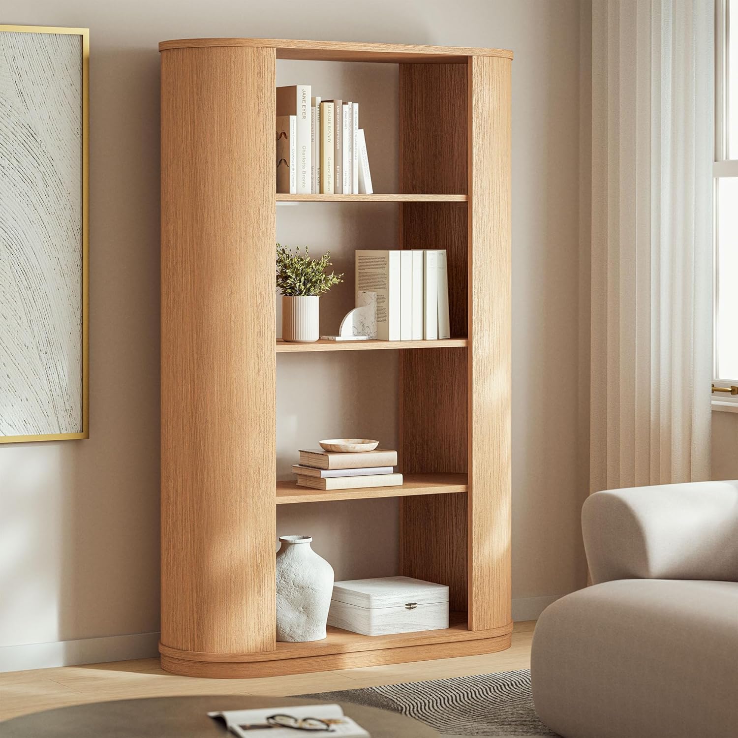 Modway Aspect 74 Inch Curved 4 Tier Bookshelf in Natural – Curved Open Display Bookcase for Living Room, Bedroom, or Office