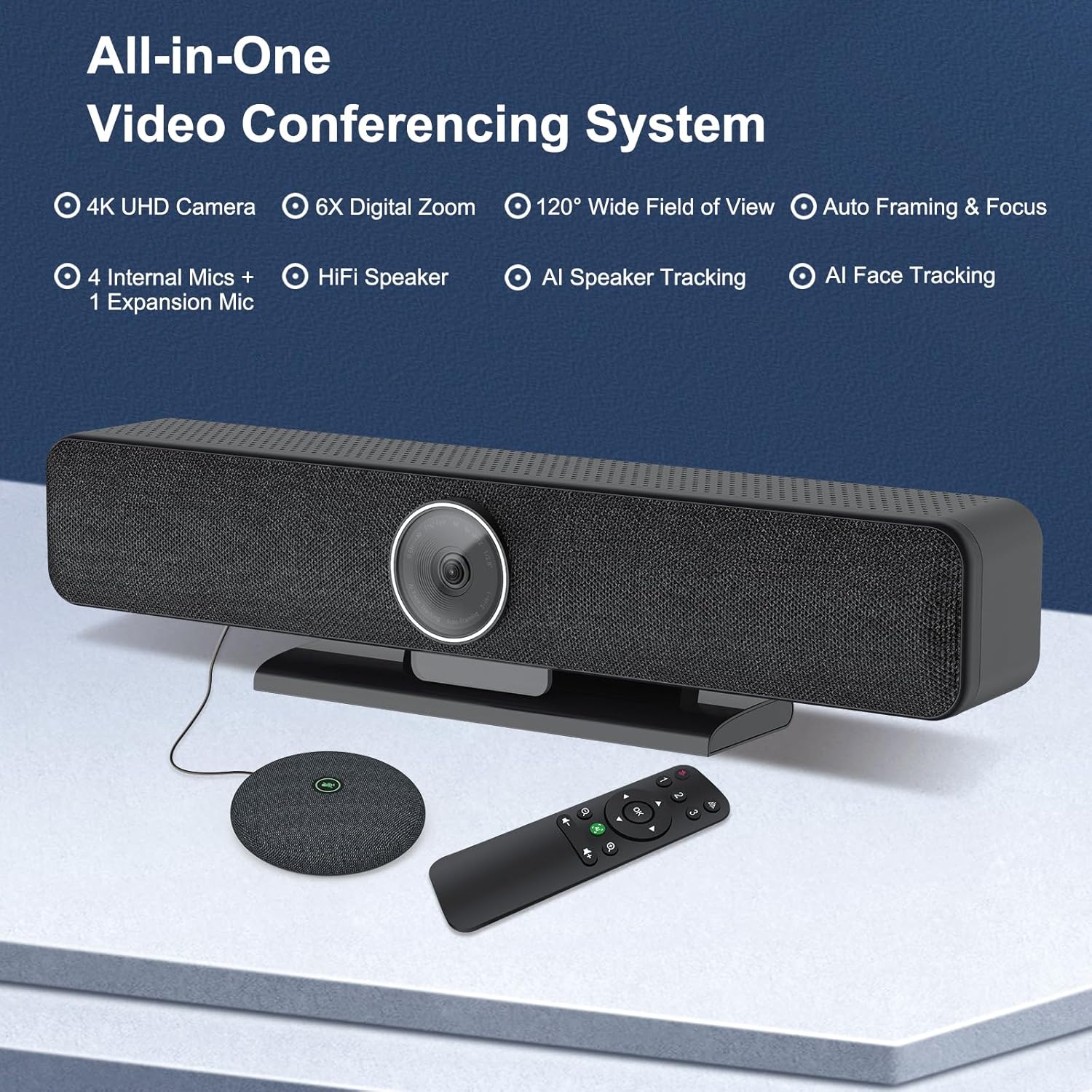 Video Conferencing System, 4K Conference Room Camera with 4 Microphones & 1 Expansion Mic & Speaker, AI Face & Speaker Tracking, 120° Wide Angle View, PC/Mac/Laptop/Meetings/Teams/Zoom - Large