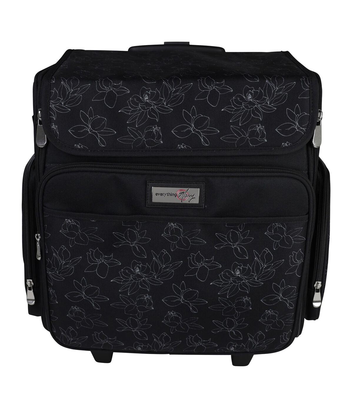 Everything Mary 19 White Floral on Black Collapsible Rolling Craft Bag