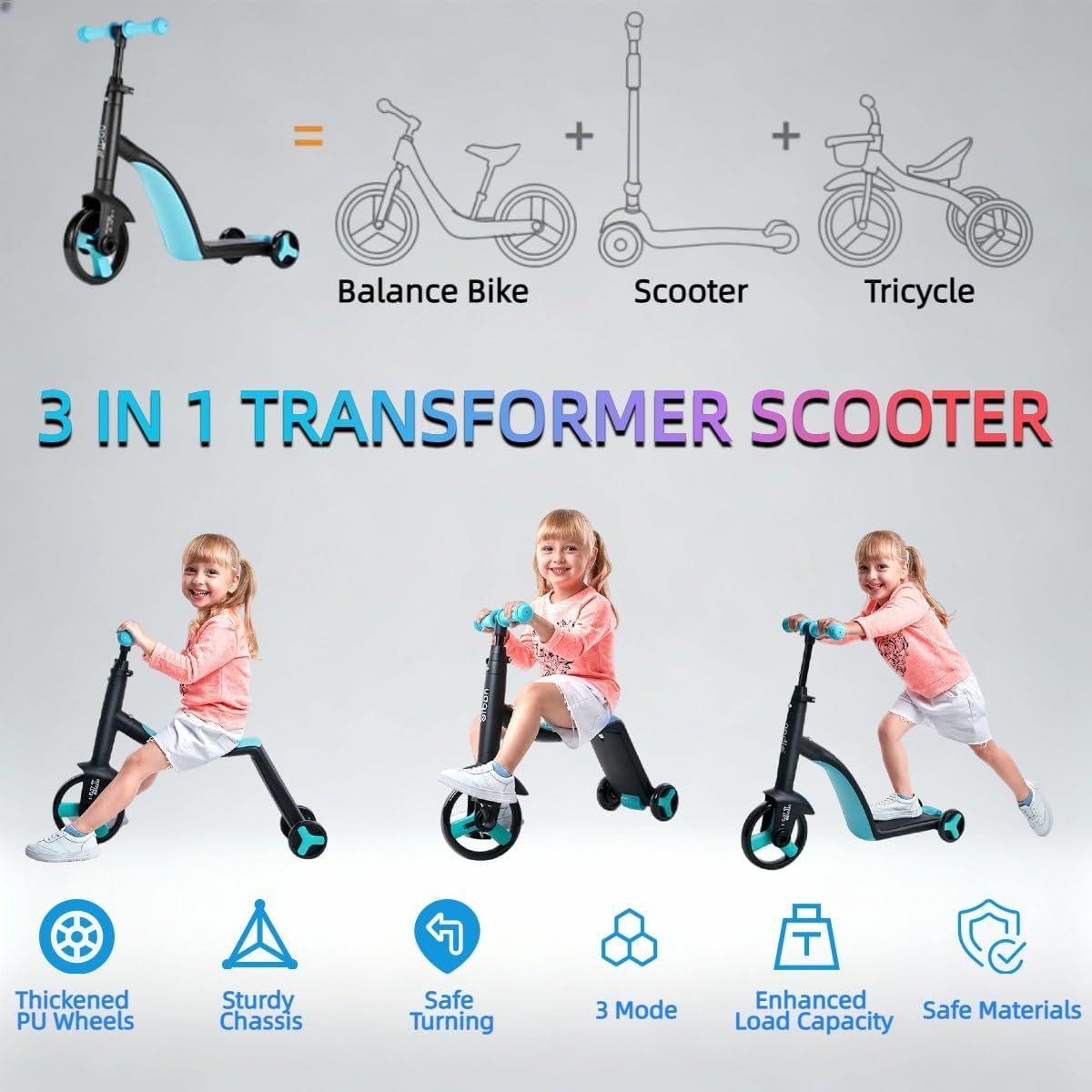 3 in1 Kids Scooter with Seat, Transformer Balance Bike to Tricycle to Kick Scooter, Adjustable Height Handlebar & Rear Brake