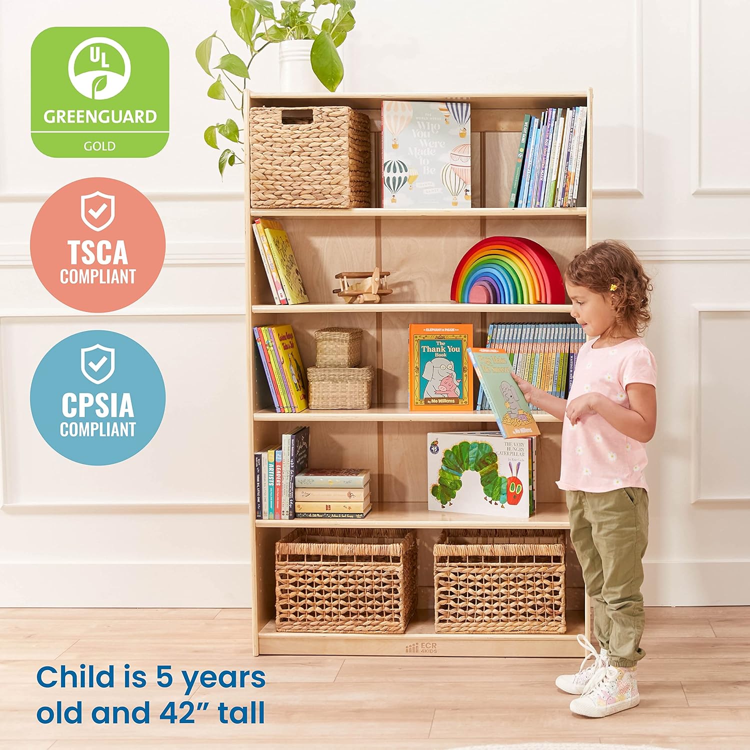 ECR4Kids Classic Bookcase, 60in, Adjustable Bookshelf, Natural