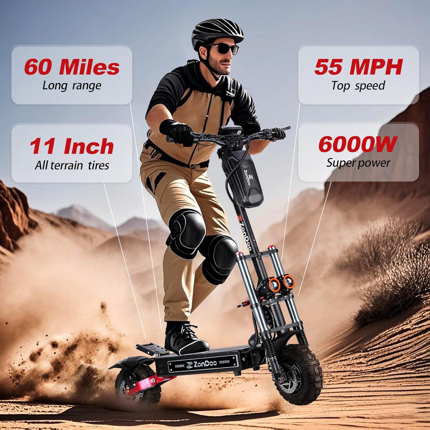 ZonDoo ZO03/ZO03 Plus Electric Scooter Adults 50/55MPH Fast 5600W/6000W Dual Motors 50/60 Miles Long Range Off RoadTires Oil Hydraulic Brake Dual Suspension All Terrain Sports Escooter wtih Seat