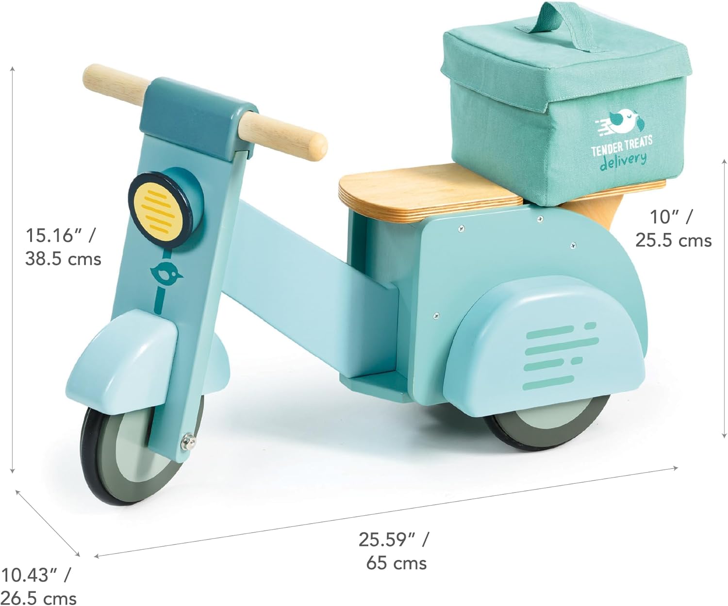 Tender Leaf Toys - Delivery Scooter - Wooden Ride-On Toy for Toddlers with Rubber Trimmed Wheels - Role-Play Scooter with Canvas Bag - Develop Social, Language and Gross Motor Skills - Age 2+