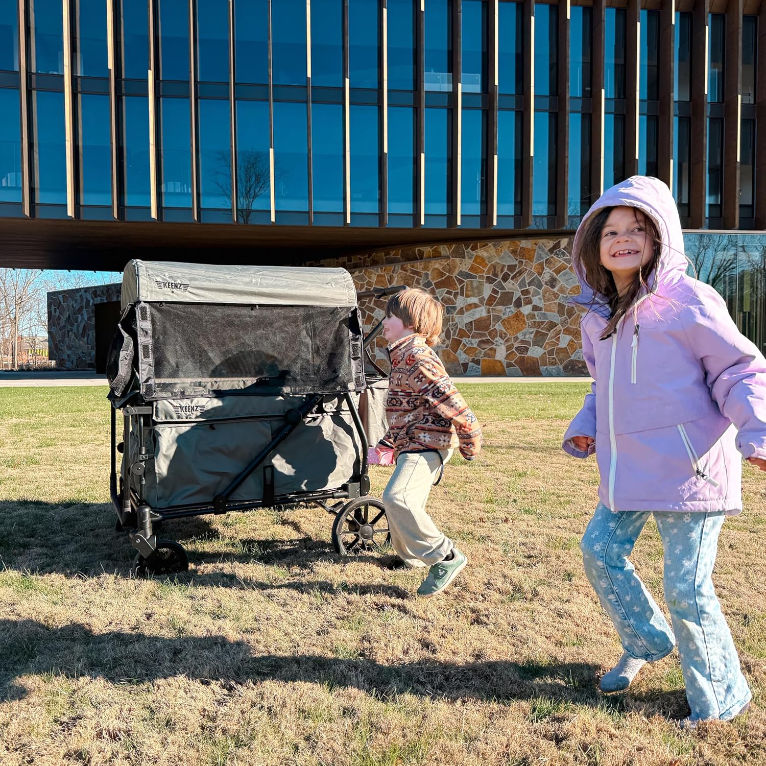 Keenz Viva 2-Passenger Compact Foldable Stroller Wagon with Canopy, Hybrid Push Pull Handle, EVA Wheels, and Storage – Lightweight Stroller Wagon for Toddlers and Kids, Green