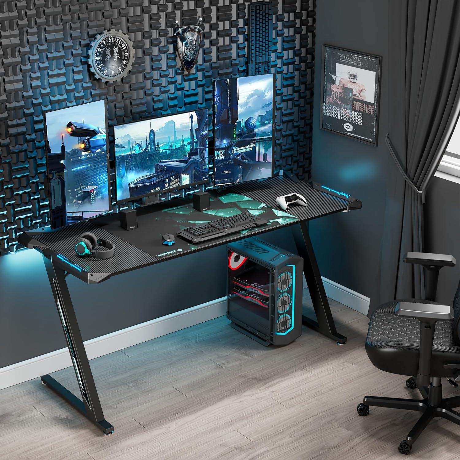 EUREKA ERGONOMIC Gaming Desk with LED Lights Home Office RGB Table, Small Gaming Desk, Computer Table, Black