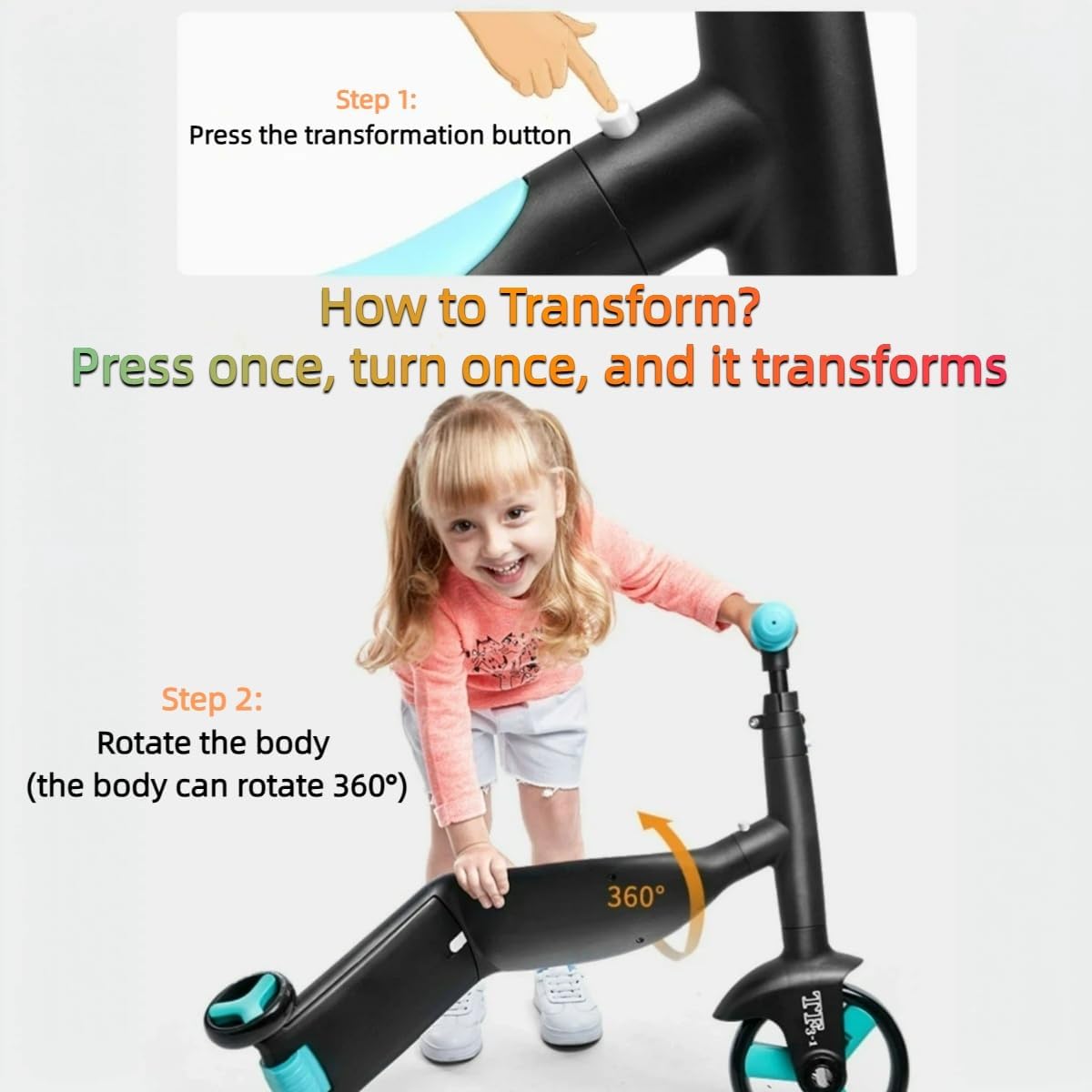 3 in1 Kids Scooter with Seat, Transformer Balance Bike to Tricycle to Kick Scooter, Adjustable Height Handlebar & Rear Brake