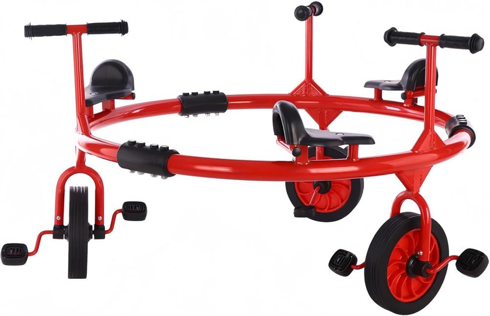 Red,3 People,Kids Turn Car,Pedal Rotary Bike Outdoor Preschool Education Kindergarten Tricycle Multi-Person Cooperative Rotating Rubber Wheels Ride Transfer Car for Playground Equipment