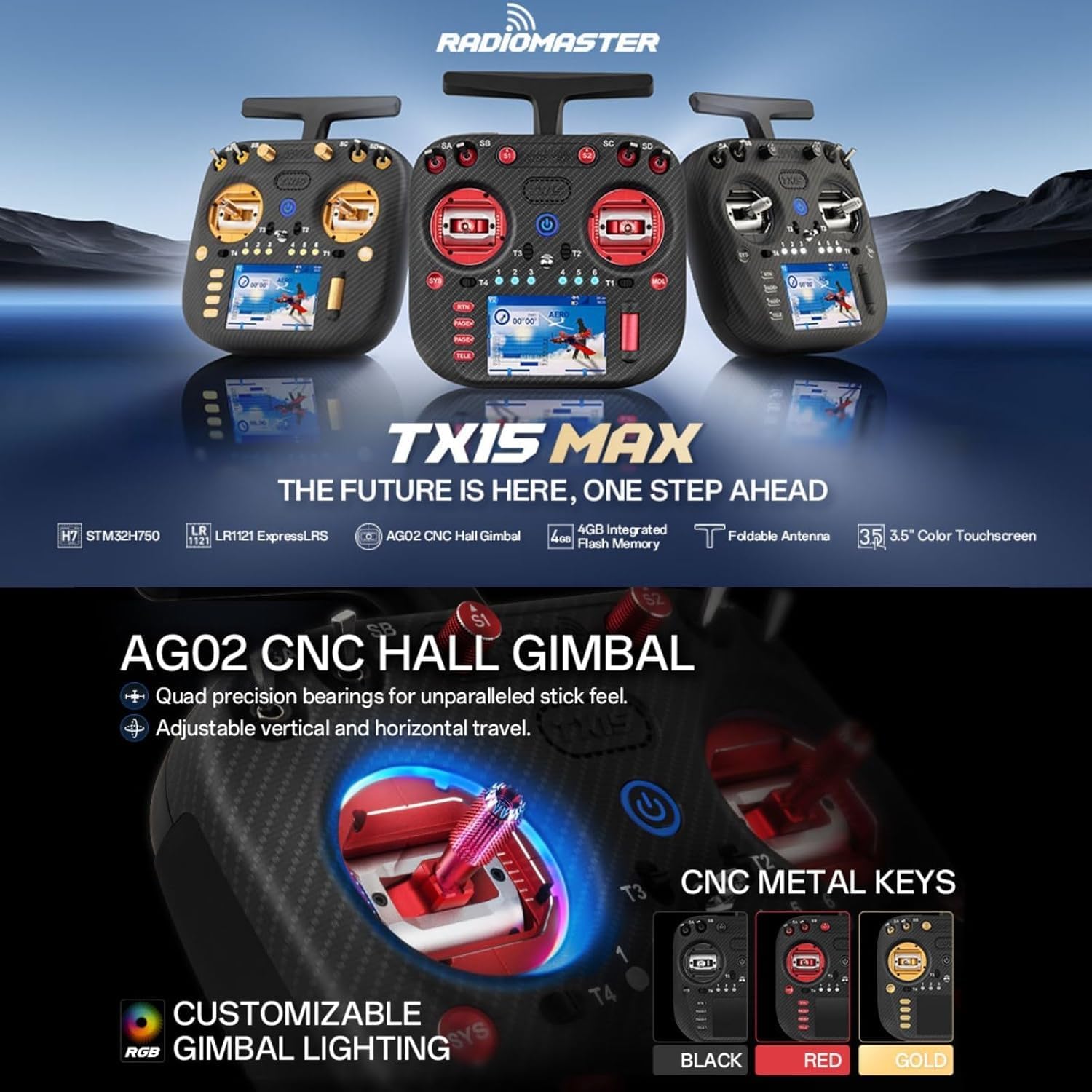 Radiomaster TX15 Max Radio Controller 2.4GHz 16 Channel EdgeTX Radio Transmitter, with AG02 CNC Hall Gimbals/3.5
