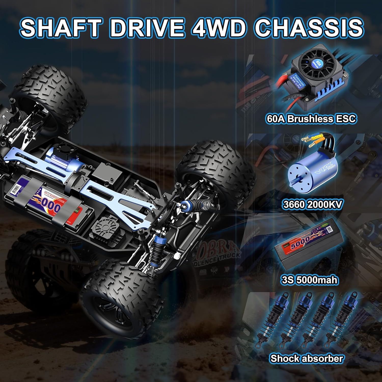 1/8 High Speed RC Cars for Adults, 4WD Off-Road Electric Truggy with 3S 5000mAh LiPo Battery & 3660 Brushless Motor, RTR RC Truck Hobby with LED Lights for All Terrain