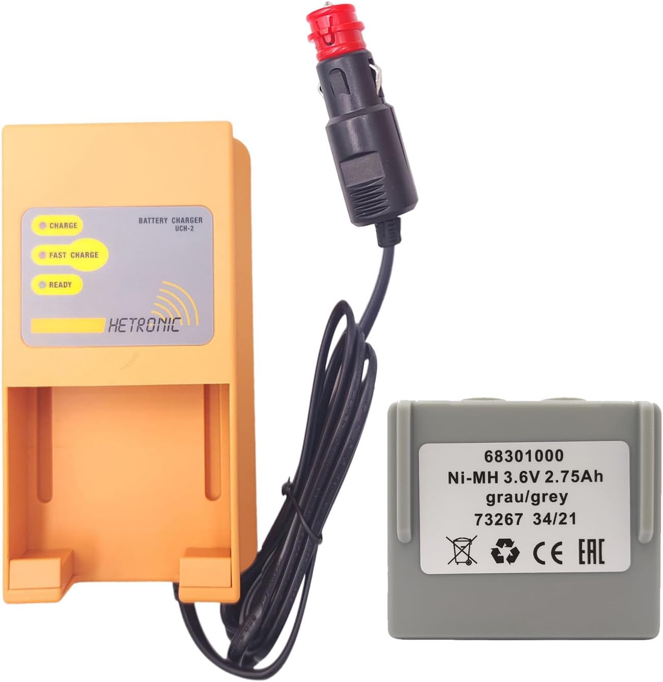 (1*Battery+1*Charger) 68300900 68301000 Battery Charger UCH-2 with 2750mAh 3.6V Hetronic 68301000 Ni-MH Battery Compatible with Hetronic 68300900/68300990 Batteries(Input 10-30VDC, Out 300/780mA)